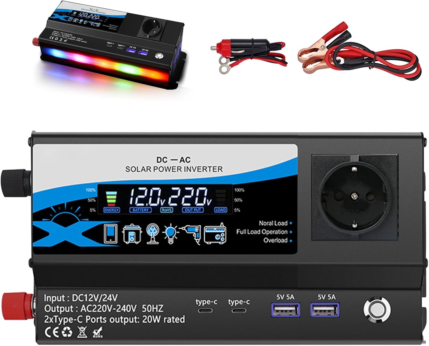 12v/24v Auf 220v 1200w Wechselrichter, Kfz-stromversorgung Mit 2 Ac-steckdosen 2 Usb- Und 2 Typ-c-anschlüssen, Zigarettenanzünderbuchse Und Led-anzeige, Für Wohnmobile Und Camping
