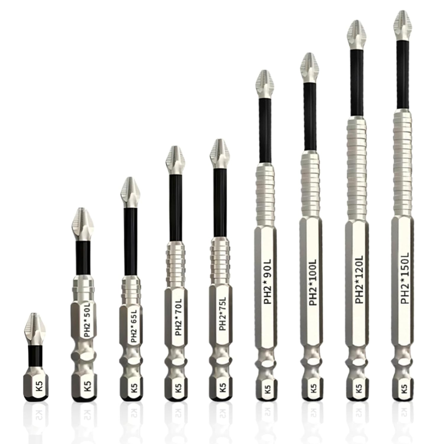 K5 Rutschfestes Bit-set – 9-teilig – Ph2 Magnetische Schraubendreherbits – Edelstahl – 25 Bis 150 Mm – Langlebig – Ergonomisch & Rutschfest – 2 M – 9-teilig