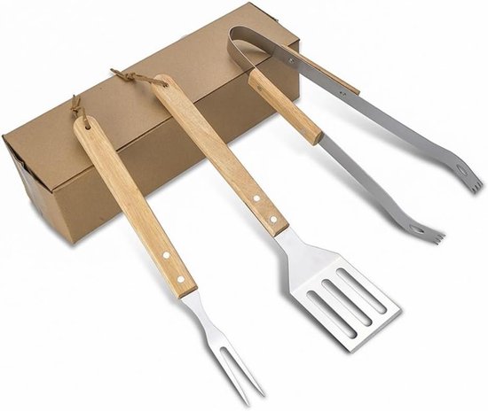Grillbesteck-set – 3-teiliges Grillzubehör Mit Holzgriff: Spaten, Grillzange Und Gabel