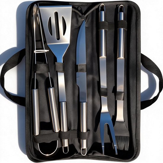 Grillzubehör: 5-teiliges Grillbesteck-set Aus Edelstahl, Bestehend Aus Messer, Pfannenwender, Zange, Gabel Und Silikon-backpinsel (5 Teile)