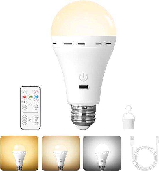 1 E27 Led-lampe – Wiederaufladbarer Akku Mit Fernbedienung – Dimmbare Lampe Mit Timerfunktion, 3 Farbtemperaturen
