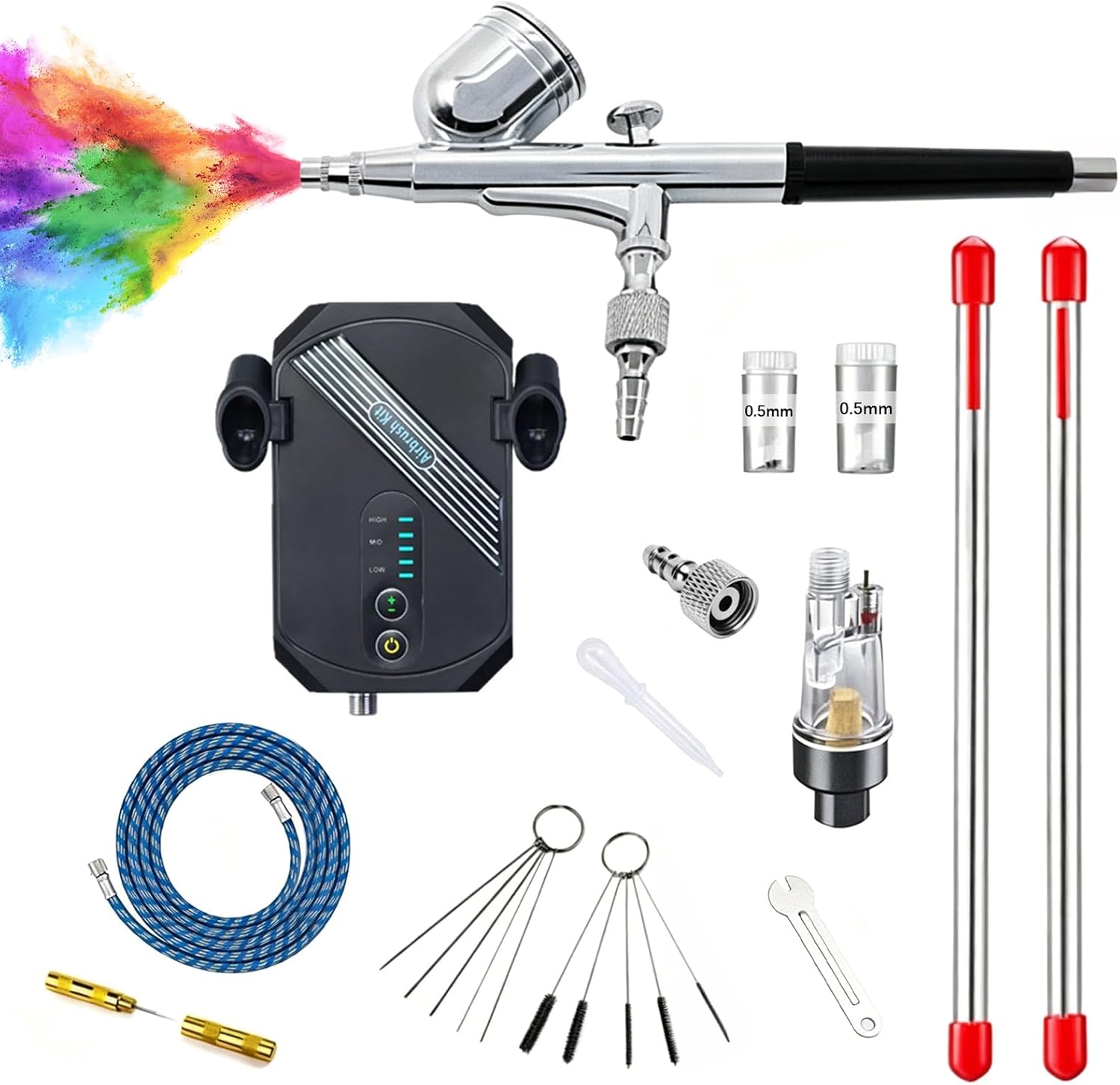Airbrush-set Mit Tragbarem Kompressor, 3 Einstellbare Luftdrücke 28-48 Psi 3 Düsen (0,2/0,3/0,5 Mm) – 12-w-doppelwirkungs-airbrush Für Modellbau, Make-up, Nageldesign Und Tortendekoration