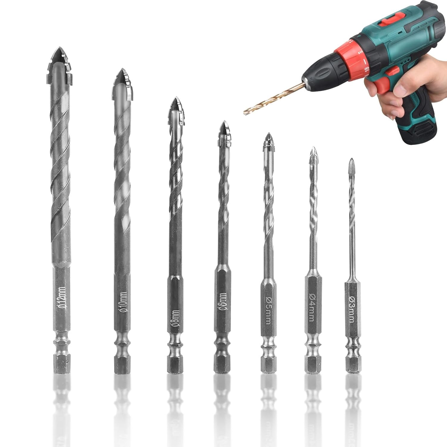 Set Mit 7 Gezahnten Exzenterbohrern Mit 4 Schneiden - Exzenterbohrer Mit 4 Schneiden - 3/4/5/6/8/10/12 Mm - Für Beton, Glas, Keramik, Holz, Metall (a)