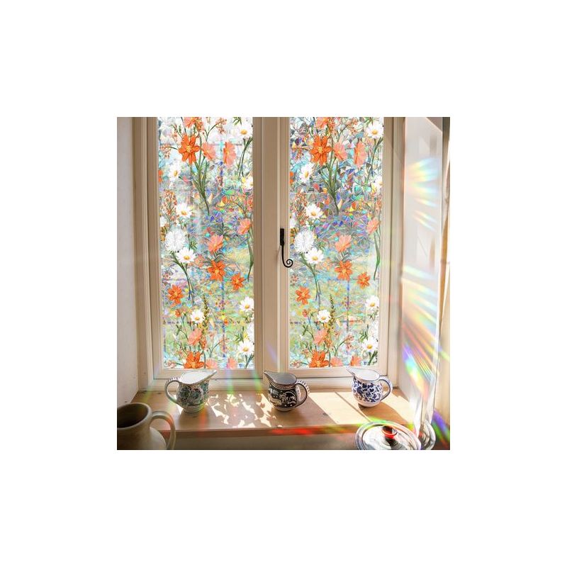 100 X 43 Cm Sichtschutzfolie Mit Wildblumen-regenbogenmuster, Fensteraufkleber, Sonnenschutz, Dekoratives Buntglas, Statisch Haftend, Uv-beständig, Sonnenfänger