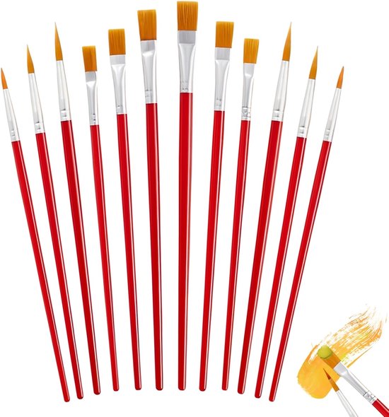 Pinselset, 12 Acrylpinsel, Rote Dünne, Spitze Und Flache Pinsel Für Aquarell, Ölmalerei, Gouache Oder Bastelarbeiten
