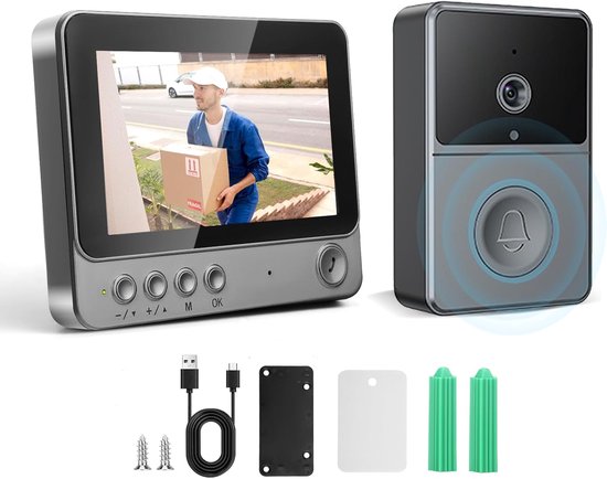 Video-türklingel Mit Kamera – Kabellose Türklingel – Heimüberwachung – 4,3-zoll-hd-bildschirm – 1080p Hd – Grau