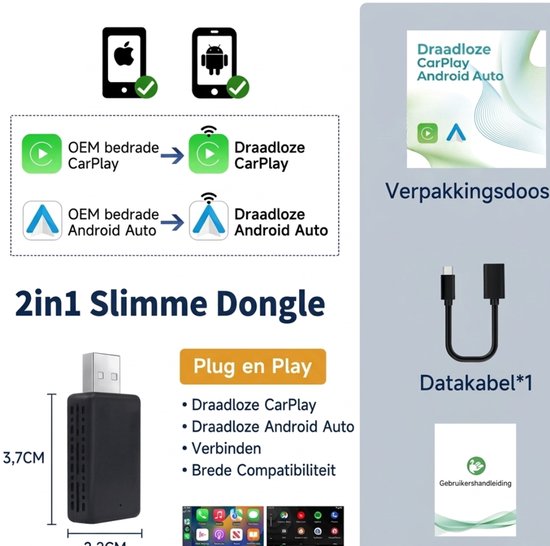 2-in-1 Carplay-dongle, Kabellos, Apple Carplay & Android Auto, Plug & Play, Usb-a & Usb-c – Schwarz