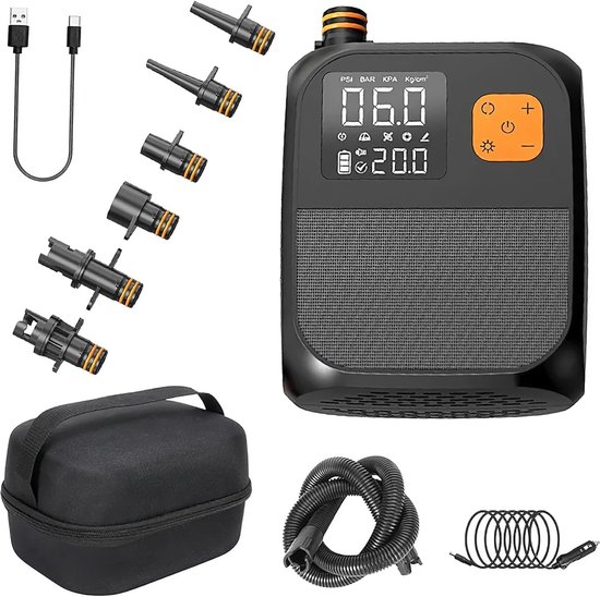 Wiederaufladbare Elektrische Luftpumpe 25 Psi Mit Led, Usb-anschluss Und 6 Adaptern Für Sups, Luftbetten Und Zelte