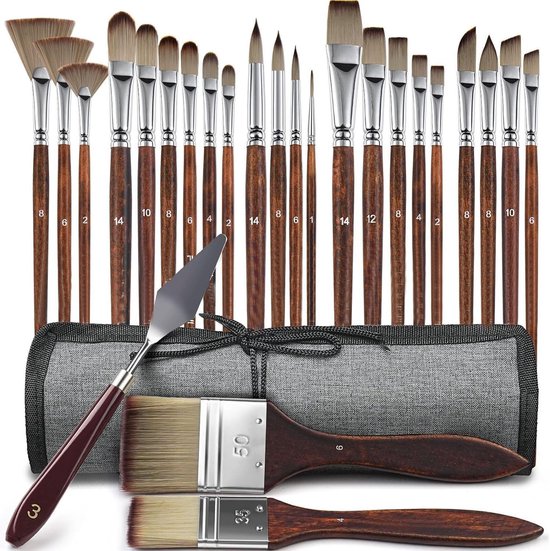 Pinselset – Geeignet Für Aquarell, Ölmalerei, Steinmalerei Und Nageldesign – 24 Verschiedene Größen – Inklusive Aufbewahrungstasche