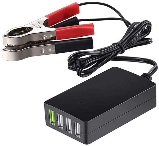 Tragbares Dc-ladegerät Mit Batterieclip – 4 Usb-anschlüsse – 12 V/24 V Auf 5 V – Schwarz