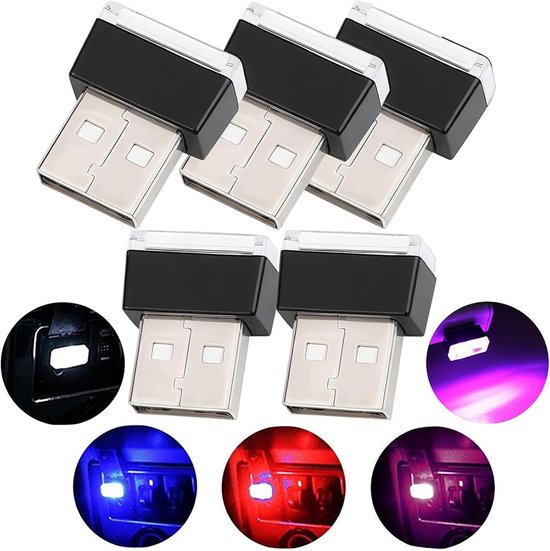 Usb-auto-ambientebeleuchtung, 5 Universelle Mini-led-lampen, Led-ambientebeleuchtung Fürs Auto (5 Farben, Rot/blau/rosa/weiß/eisblau)