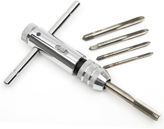 Verstellbarer Silberner T-griff-ratschen-gewindebohrerschlüssel, Mit 5 Stück M3-m8 3mm-8mm Mechanischen Gewinde Metrischen T-gewindebohrern