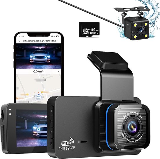 1296p Dashcam Mit Dual-objektiv Vorne Und Hinten Wlan Gps 64 Gb Sd-karte Nachtsicht Full Hd Loop-aufnahme 140 Weitwinkel App-steuerung Max 3