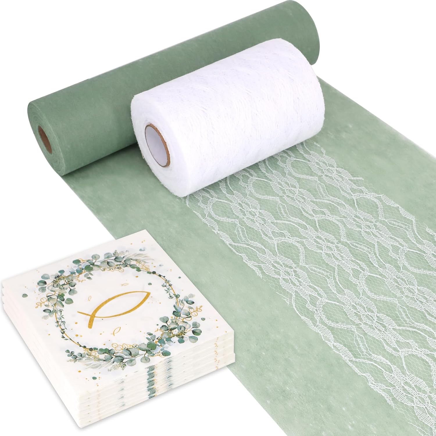 Mosel Tischläufer-set, Grün-weißes Eukalyptusmuster, 100 Servietten Für Die Erstkommunion, Tischläufer Aus Vliesstoff (30 Cm X 25 M) Und Spitzenband (15 Cm X 25 M)