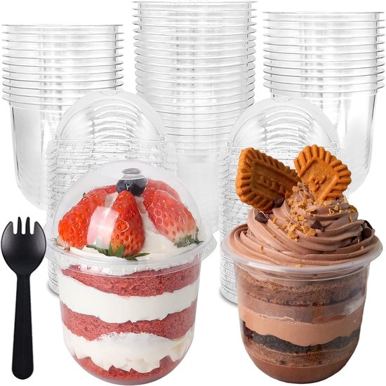 Set Mit 50 Transparenten Dessertbechern Mit Deckel Und Gabeln – 360 Ml Kunststoffbecher Für Eiscreme Und Kuchen, Ideal Für Partys, Bpa-frei Und Wiederverwendbar