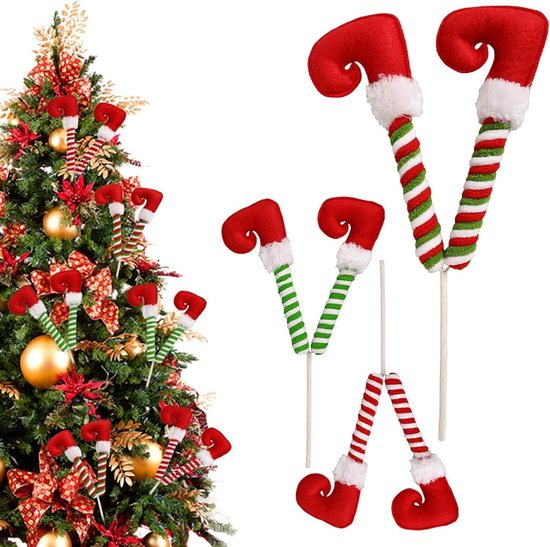 Weihnachtsbaumfüße – Beinbüschel – Weihnachtsdekoration – Gestreifte Plüschbeine – 3 Stück – Rot-weiß