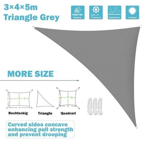 Dreieckiges Sonnensegel Aus Polyester – Wasserdichtes Polyester – Rechtwinkliges Dreiecks-sonnensegel – Mit Befestigungsseilen – 3 X 4 X 5 M – Grau