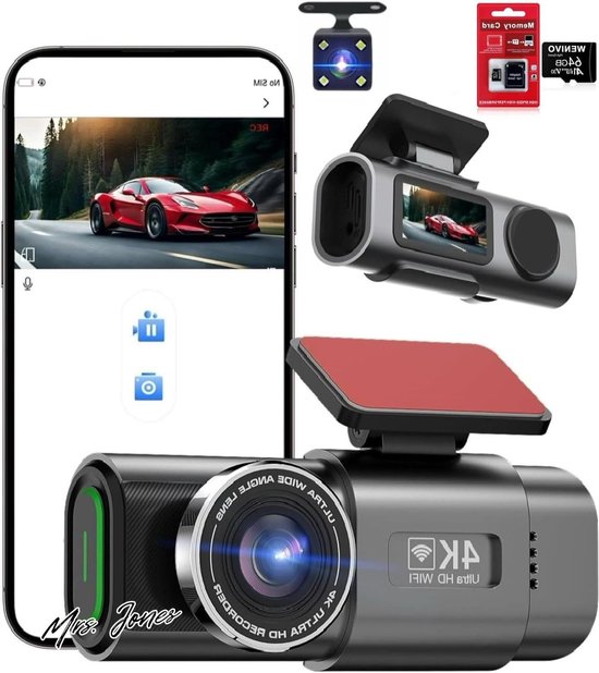 Mrs Jones 4k Front Rear Dashcam Car Van Security Parking Mini Dash Camera Video Dvr Recorder Wi-fi App Gps Tracker Ips Screen Night Vision 170 24 24