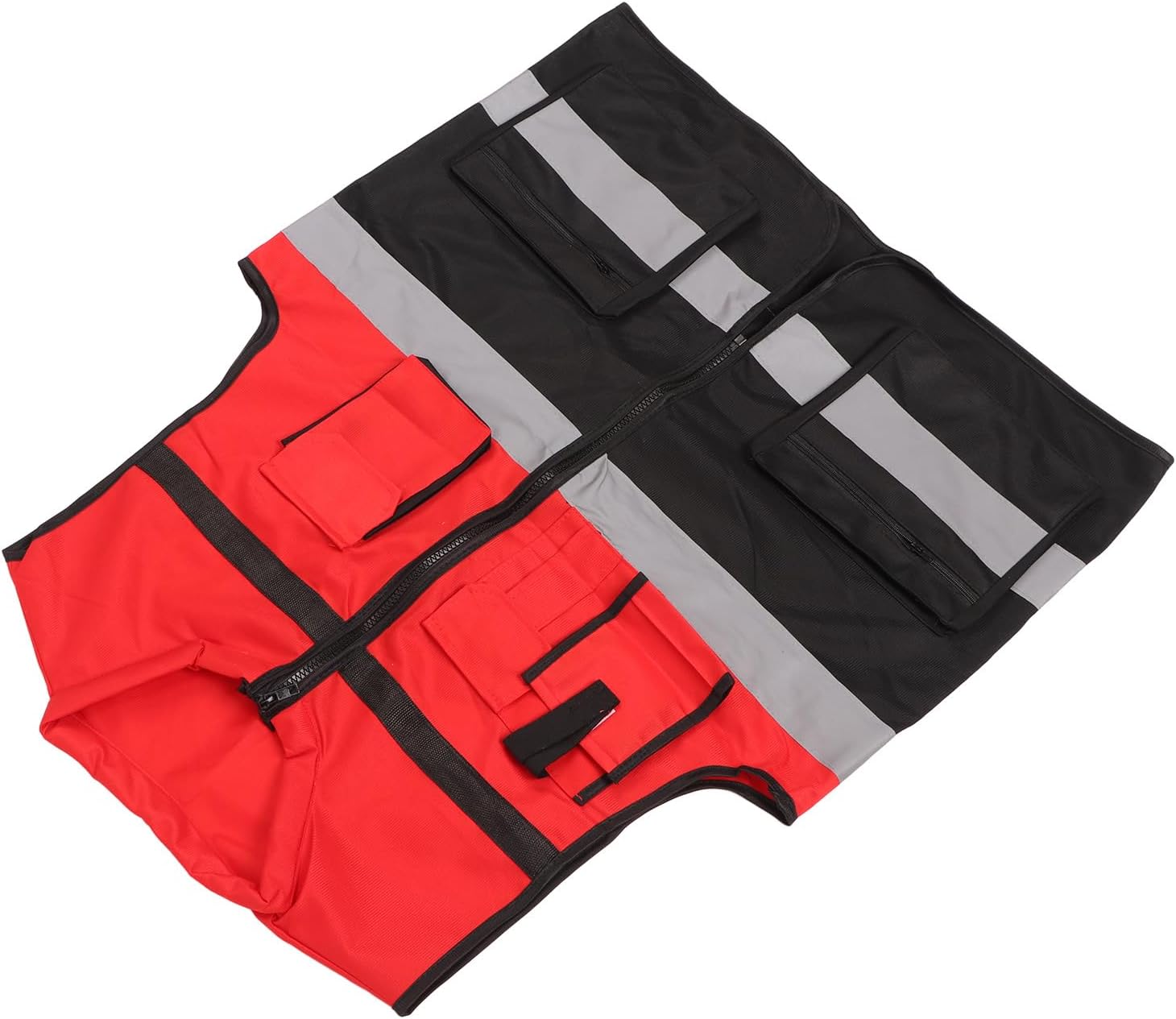 Hochsichtbare, Reflektierende Weste Aus Rot-schwarzem Strickgewebe Mit Mehreren Taschen Für Bauarbeiter Und Nachtläufe