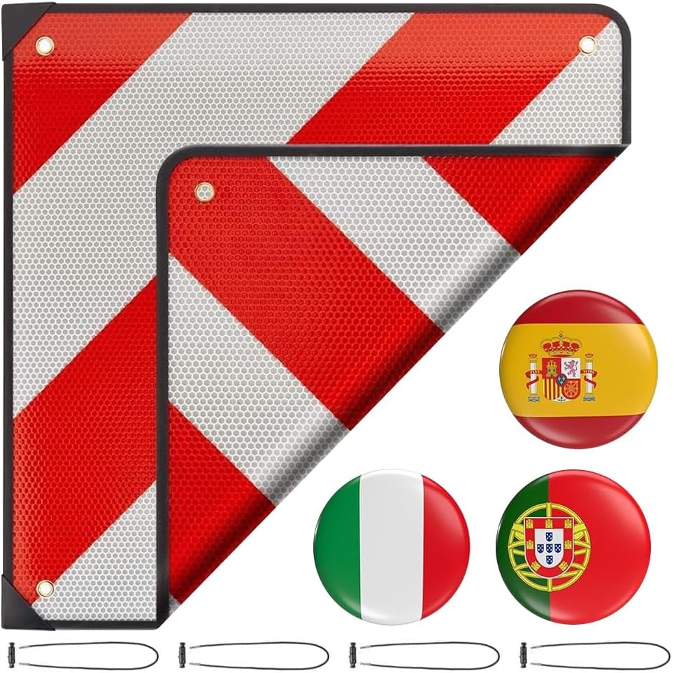Reflektierendes Warnschild, 50 X 50 Cm, Warnschild Für Italien Und Spanien, Warnschild Mit 4 Seilknoten Zur Befestigung An Fahrradträger, Anhänger, Auto Und Wohnmobil