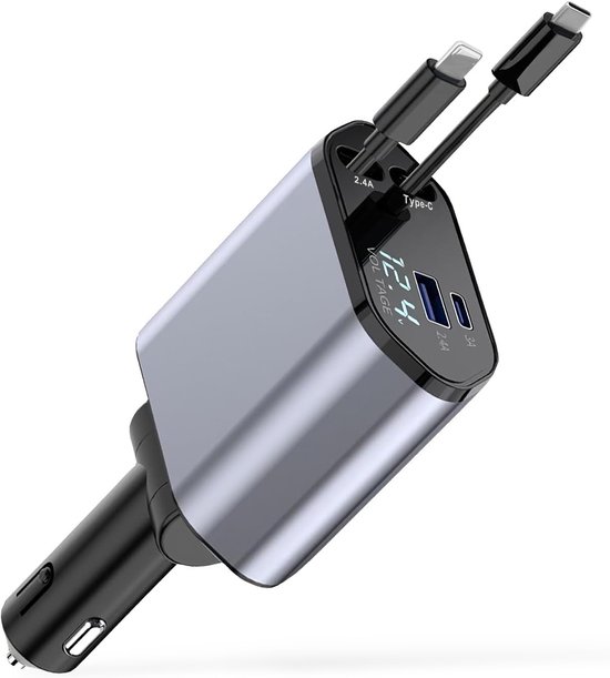 4-in-1-autoladegerät Mit Einzugskabel 120-w-usb-c-zigarettenanzünder-ladegerät Mit Usb-c-anschluss Usb-c-anschluss Und 90 Cm Langes Einzugskabel