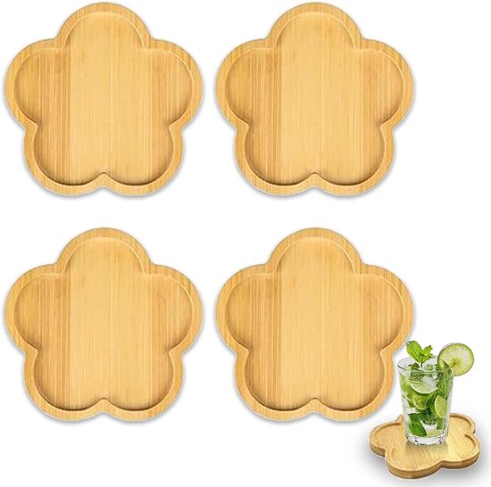 Set Mit 4 Blütenförmigen Bambusuntersetzern 14 Cm Naturbambus Mit Erhöhtem Rand Hitze Und Feuchtigkeitsbeständig Für Gläser Tassen Und Als