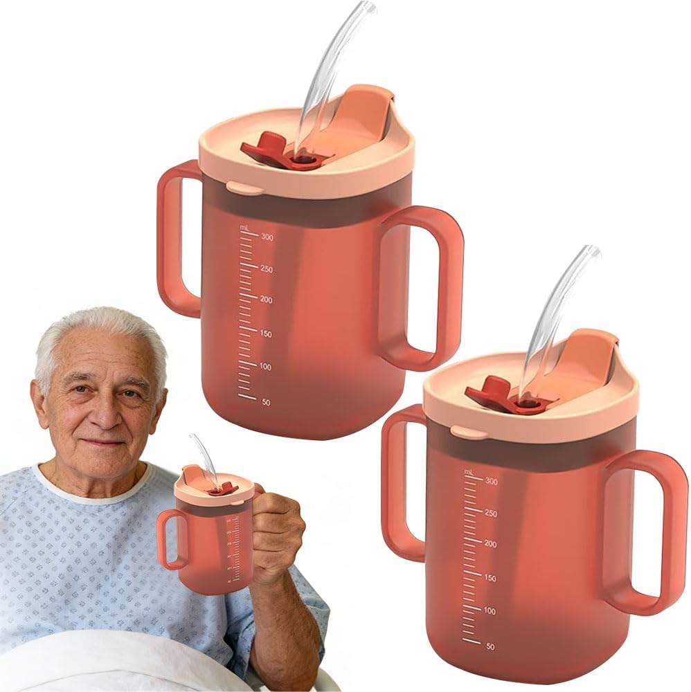 Set Mit 2 Auslaufsicheren Bechern, 300 Ml, Mit Auslaufsicherem Ausgießer, Doppelgriff, Ideal Für Senioren, Besonders Geeignet Bei Parkinson (rot)