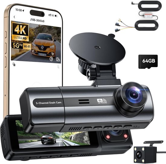 4k-front Und Rückfahrkamera Mit Festverdrahtungssatz 3-kanal-einbaukamera Mit 24-stunden-parkmodus 64 Gb Sd-karte Wi-fi Und App G-sensor Wdr