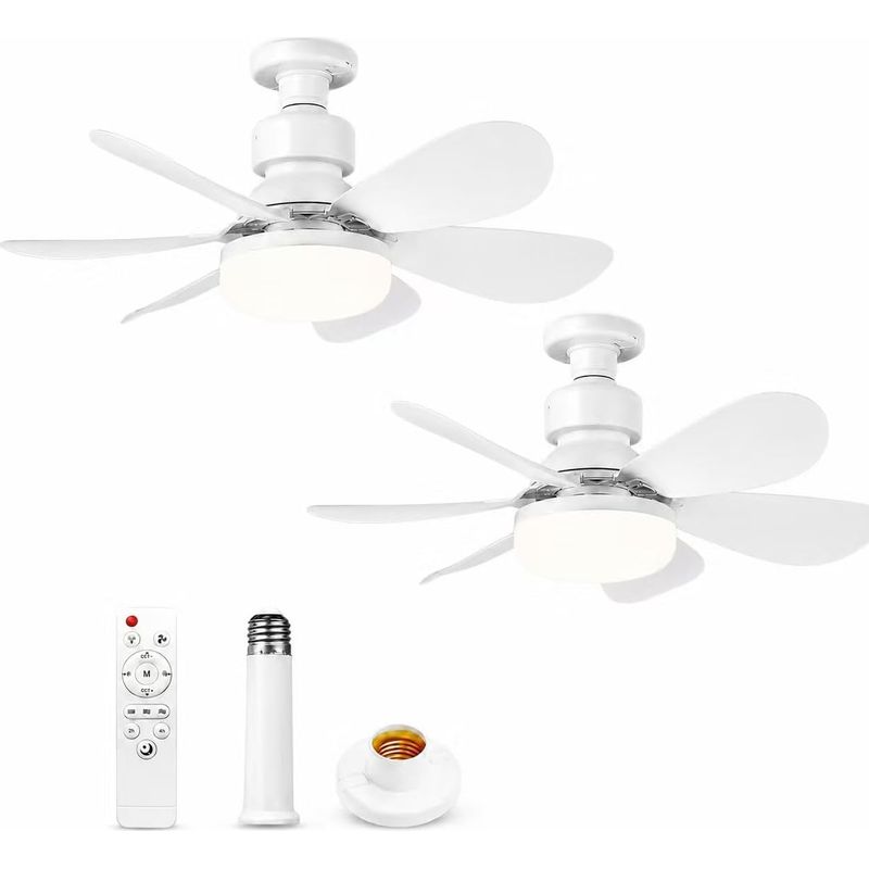 Set Mit 2 E27-deckenventilatoren Mit Dimmbarer Led-beleuchtung, 40 W – Fernbedienung – 3 Geschwindigkeitsstufen – 6 Flügel – Leiser Gleichstrommotor – 52 Cm – Enlenk