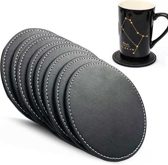 Set Mit 8 Runden Untersetzern In Lederoptik Schwarz Mit Weißen Ziernähten 10 Cm Durchmesser Metallrand Wasserfest Und Rutschfest Für Tassen Und