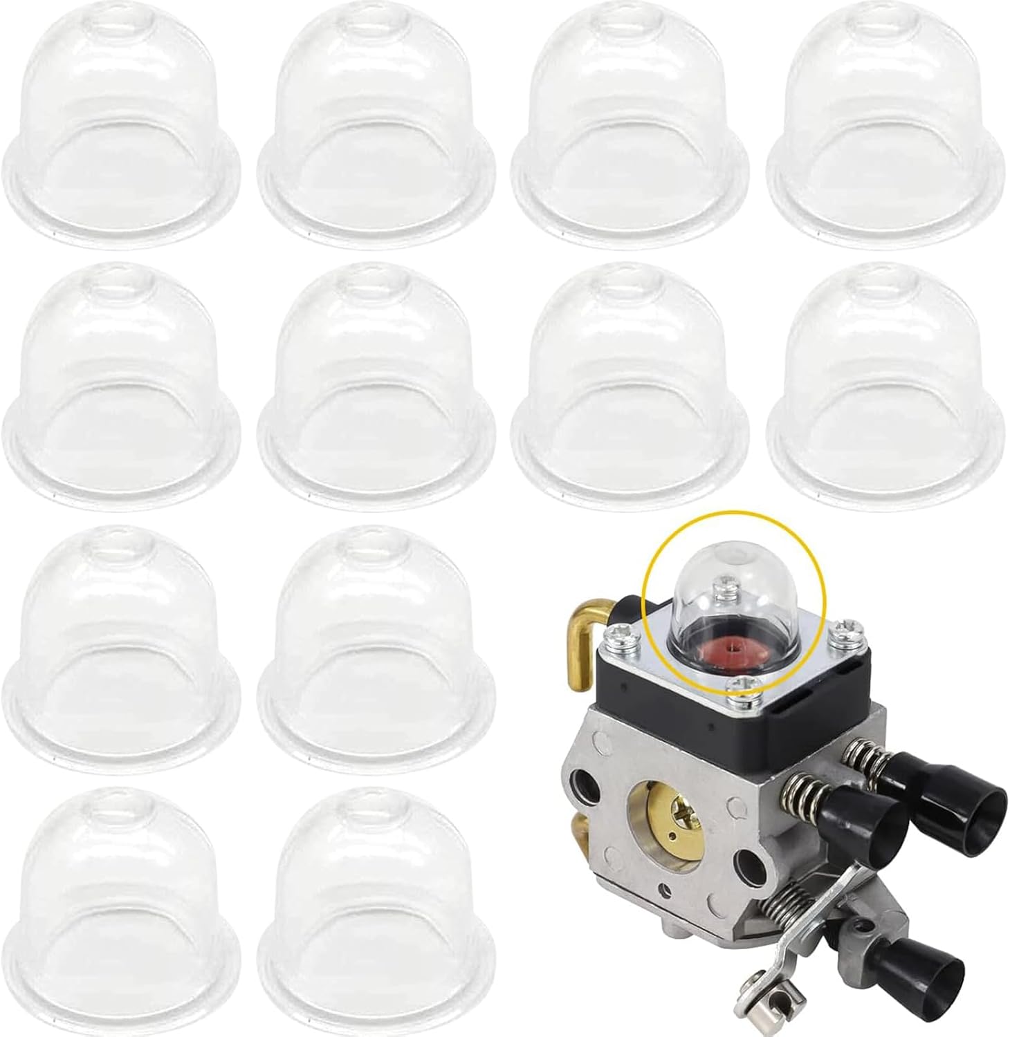 12 Zündkapseln – Kraftstoffpumpe – Primerkolben – Für Rasenmäher, Laubbläser, Trimmer, Kettensäge, Freischneider, Heckenschere – Transparent