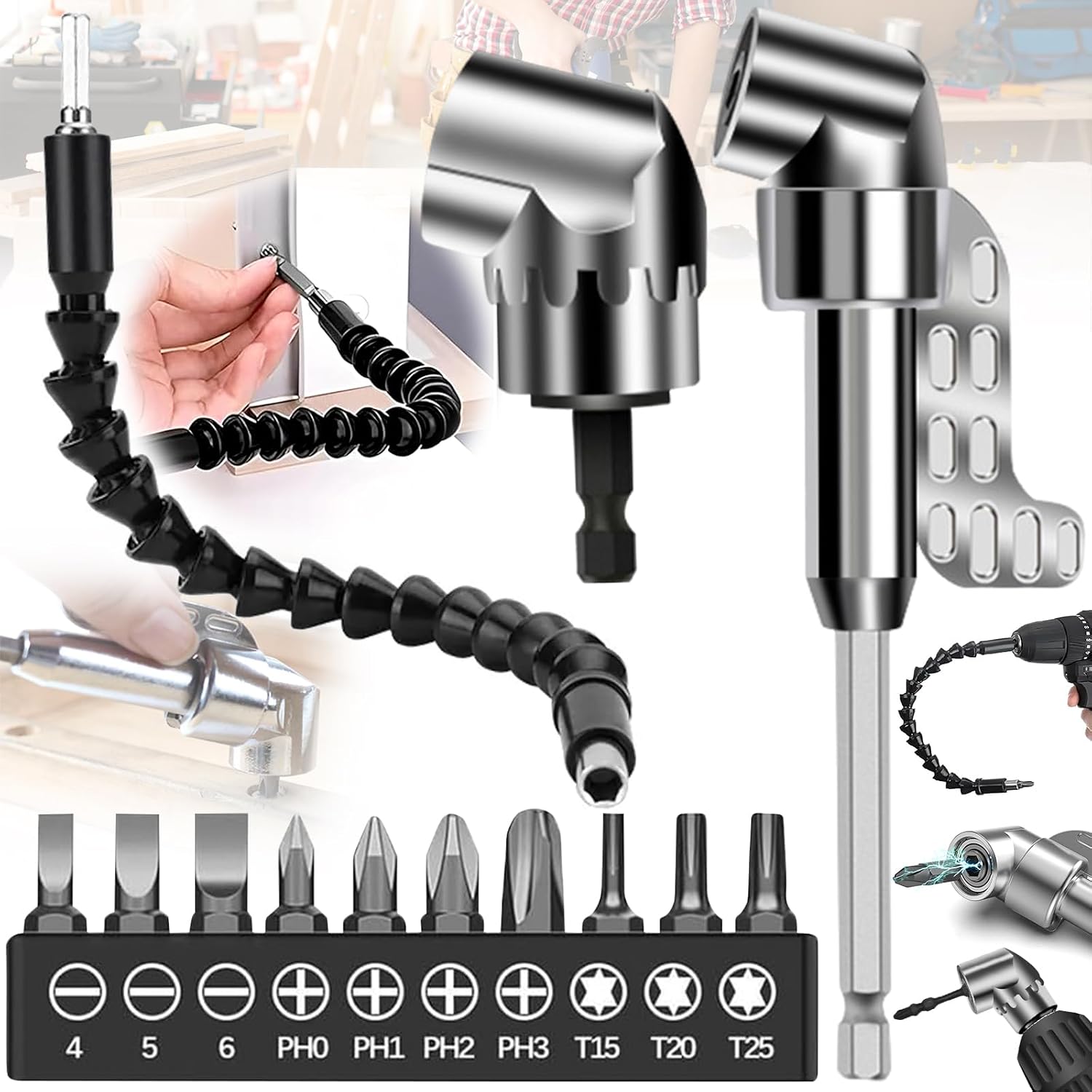 13-teiliges Winkelbohrer-set, 105° Flexibler Schraubendreher, 1/4-zoll-verlängerungsbohrer Für Bohrmaschinen, Flexibler Sechskantschaft, Multifunktionaler Winkelschraubendreher (mit 10 Bohrern)