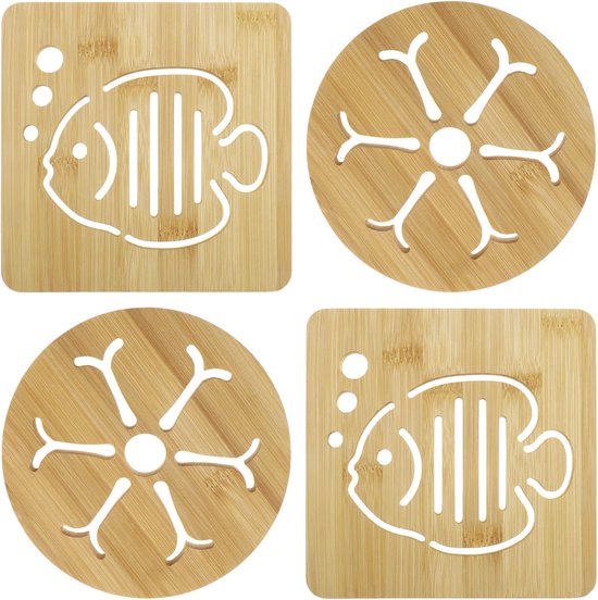 Set Mit 4 Bambus-untersetzern (9,5 Cm), Niedliche Fisch- Und Blumenformen, Hitzebeständig Und Dekorativ, Für Gläser, Tassen Und Kleine Pfannen