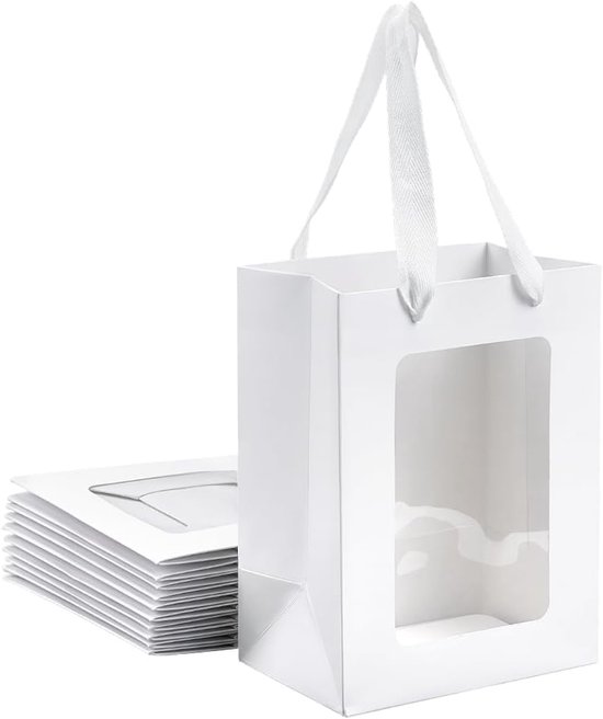 Kraftpapiertüten 10 Stück Weiße Papiertüten Mit Henkel Und Sichtfenster Geschenkverpackungstüten 25 X 18 X 13 Cm Geschenktüten Für