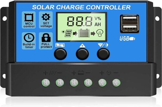 30-a-solar-laderegler – 12-v-/24-v-solarpanel-laderegler – Mit Einstellbarem Lcd-display – Zwei Usb-anschlüssen – Timer-einstellungen – Laderegler
