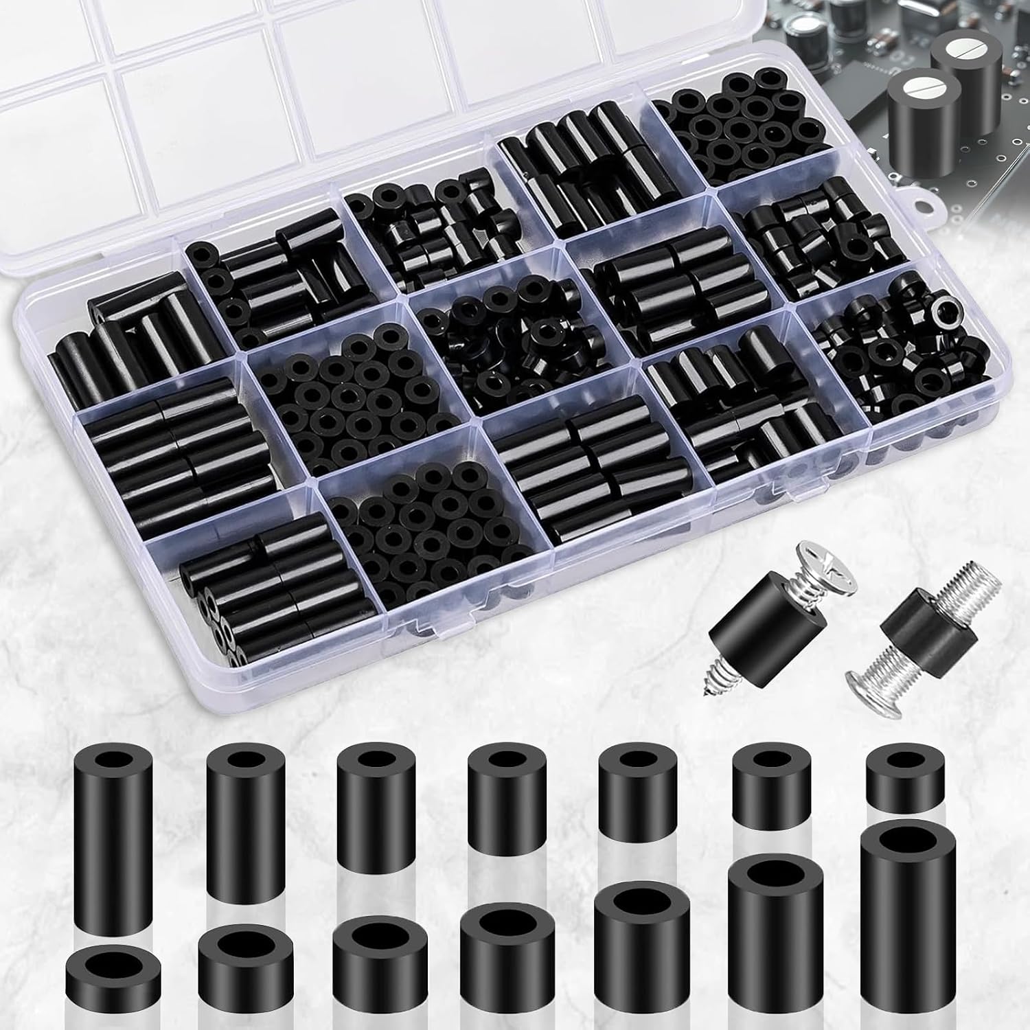 90 Runde Abs-distanzscheiben, Schwarze Unterlegscheiben M8, M6, Größe 14, Gewindelose Nylon-distanzscheiben, Inklusive Aufbewahrungsbox Aus Kunststoff