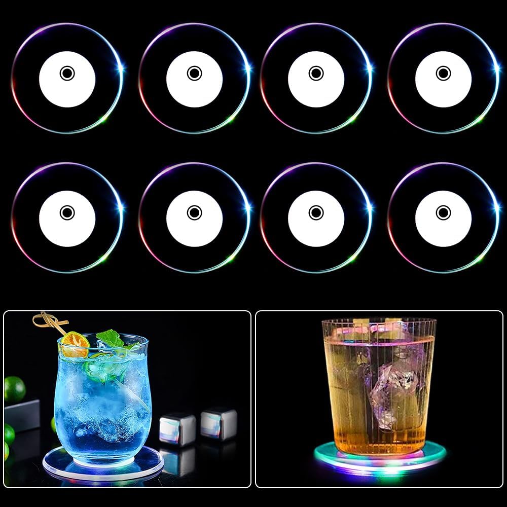 Led-untersetzer, 8er-set Runde, Farbenfrohe Led-untersetzer Für Getränke, Ein-/ausschalter – Wasserfeste Acryl-untersetzer, Für Partys, Hochzeiten, Bars, Weihnachten