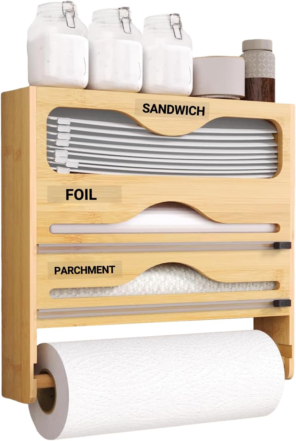 3-in-1 Bambusfolienschneider, Wandhalter Für Papierhandtücher, Küchenrollen, Alufolie Und Frischhaltefolie Einfach Zu Montieren Und Zu Verwenden.