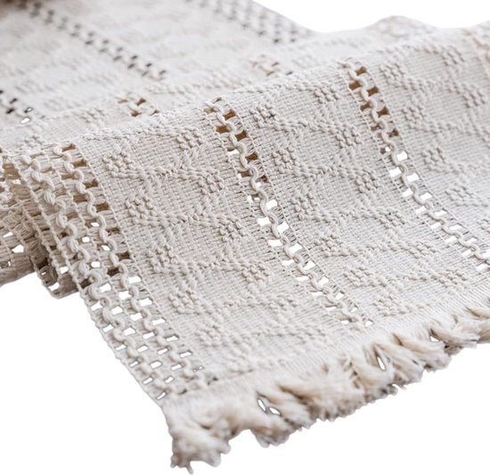 1 Tischläufer, Rechteckig, Gehäkelt, Mit Quasten, Hohl, Beige, 30 X 160 Cm, Baumwolle