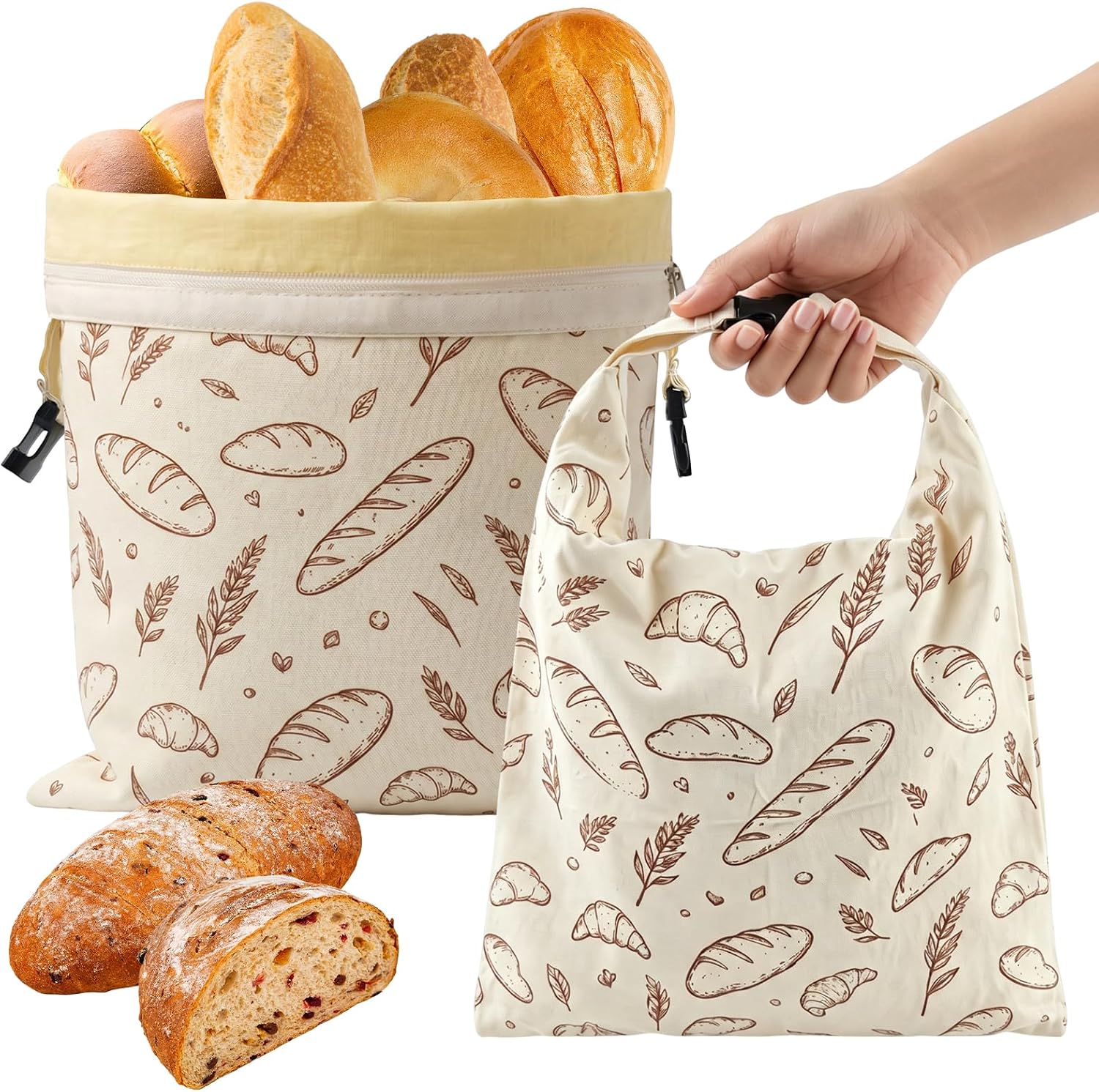 Set Mit 2 Großen, Wiederverwendbaren Bienenwachs-brotbeuteln – 43 X 33 Cm – Aus Baumwolle – Mit Reißverschluss Und Schnalle – Für Selbstgebackenes Brot Und Gebäck