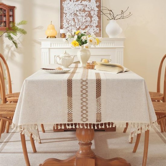 Rechteckige Tischdecke Aus Baumwolle/leinen Mit Quasten, Wasserdicht, Knitterfrei, Für Küche, Esszimmer, Tischdekoration (beige, 140 X 140 Cm)