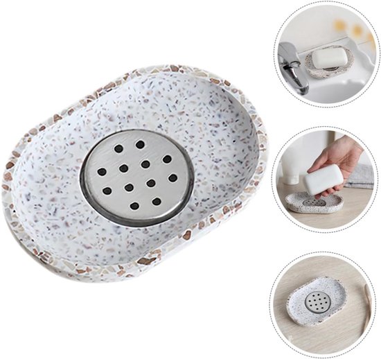 Terrazzo Seifenschale Mit Edelstahl Abtropffläche, Beige, Seifenhalter, Naturstein, Beige Für Badezimmer, Waschbecken Und Küche Abtropfdesign Für