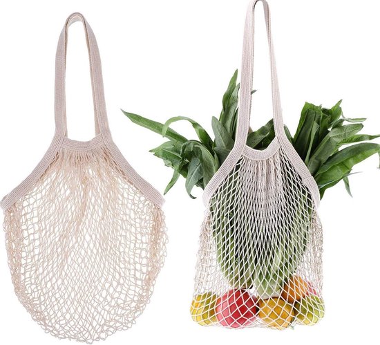 Einkaufsnetze Mit Baumwollkordel – 2er-set Wiederverwendbare Netze Für Obst Und Gemüse In Beige