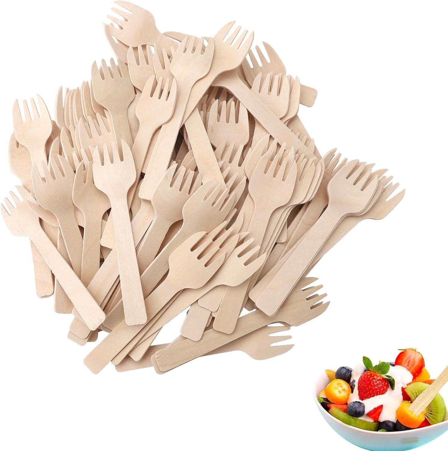 Set Mit 300 Holzgabeln, Mini-einweggabeln, Kleinen Löffeln, Losen Vorspeisengabeln, Bambusbesteck, Bambus-kuchengabeln, Mini-besteck, Naturbirke, 10 Cm