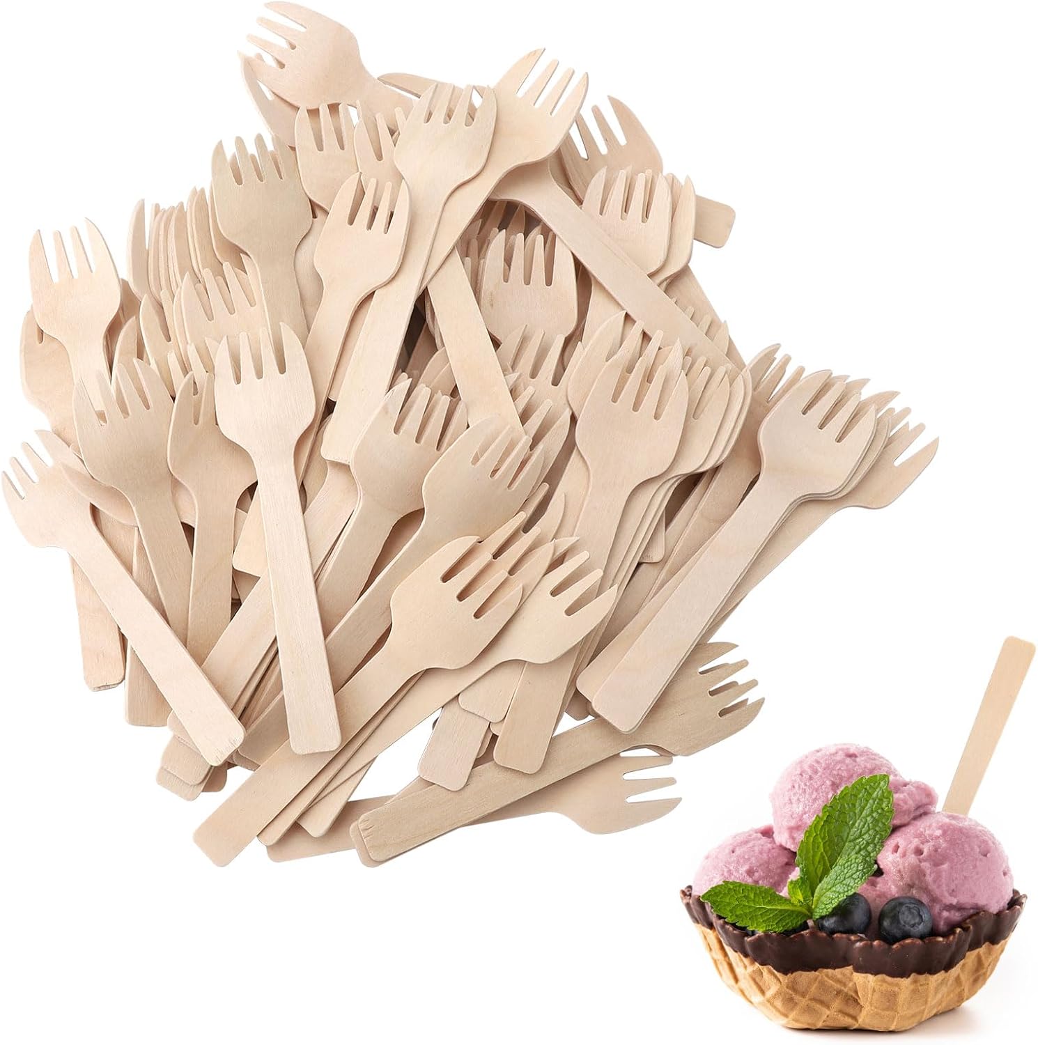 300-teiliges Set Aus Holzgabeln, Mini-einweggabeln, Kleinen Löffeln, Losen Vorspeisengabeln, Bambusbesteck, Bambus-kuchengabeln, Mini-besteck Aus Natürlicher Birke (10 Cm).