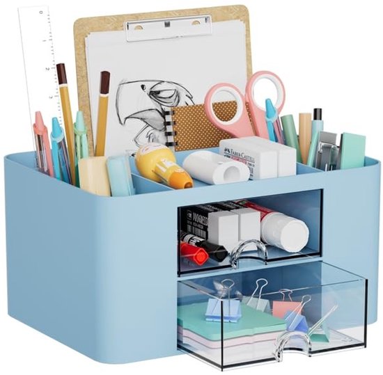 Allecto Schreibtisch-organizer Multifunktionaler Stiftehalter 2 Schubladen Blau Aufbewahrungssystem Bürozubehör Ideal Fürs Homeoffice 7 Fächer