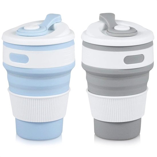 2 Stück 350 Ml Blau Und Grau Faltbarer Silikon-reisebecher Faltbarer Reisebecher Campingbecher Faltbarer Silikonbecher Faltbarer Becher Mit