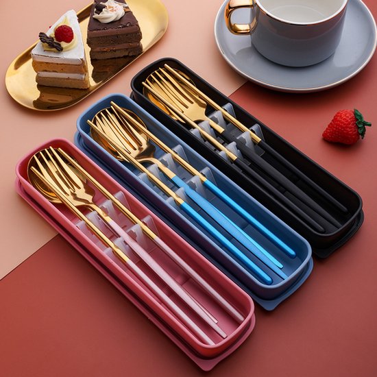 3-teiliges Wiederverwendbares Essstäbchen Und Löffelset Aus Edelstahl Ein Set Enthält Essstäbchen Einen Löffel Und Eine Gabel Schwarz Rosa Und Blau