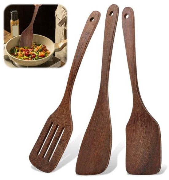 3er-set Küchenspatel Aus Holz – Geeignet Für Antihaftbeschichtungen – 30 Cm – Braun