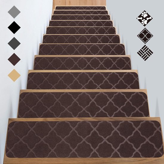 Treppenmatten Treppenmatten Selbstklebende Treppenmatten Rutschfeste Treppenmatten Rechteckiger Rutschfester Teppich Für Kinder Haustiere Brauner Würfel (76x20cm 15 Stück)